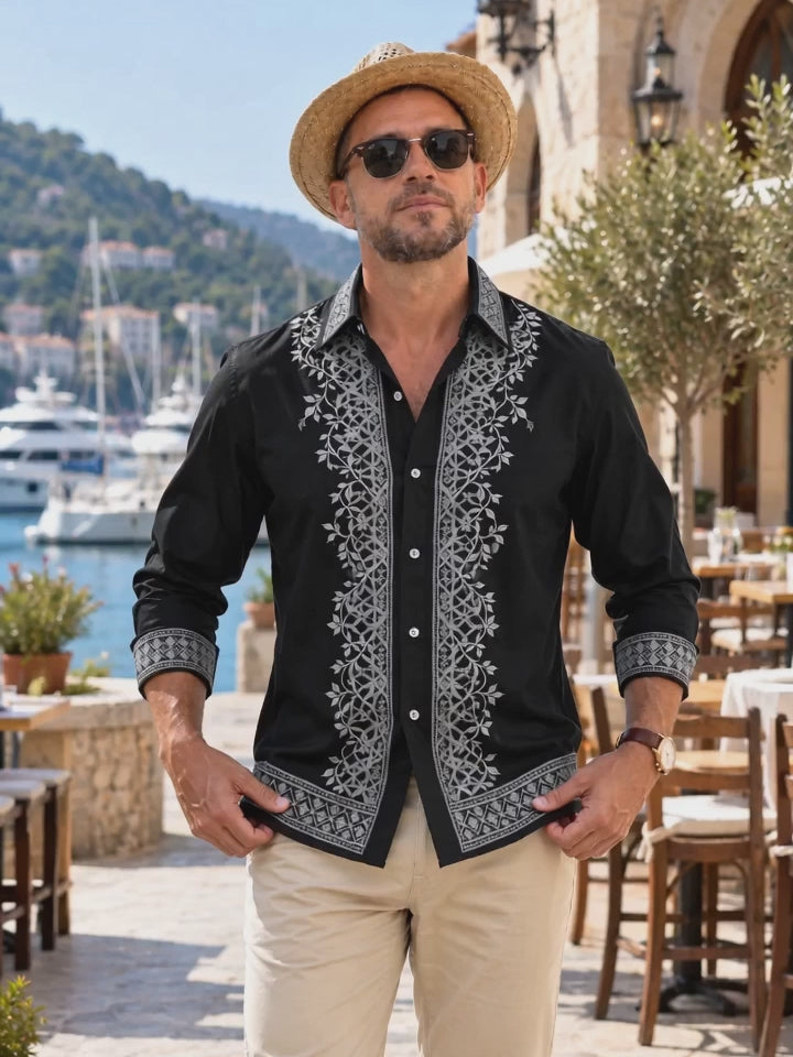 Adaychic Men's White Floral Vine And Geometric Border Pattern Long Sleeve Shirt with Chest Pocket