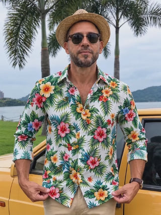 Adaychic Men's Long Sleeve Shirt - Tropical Hibiscus Flowers And Palm Leaves Print with Chest Pocket