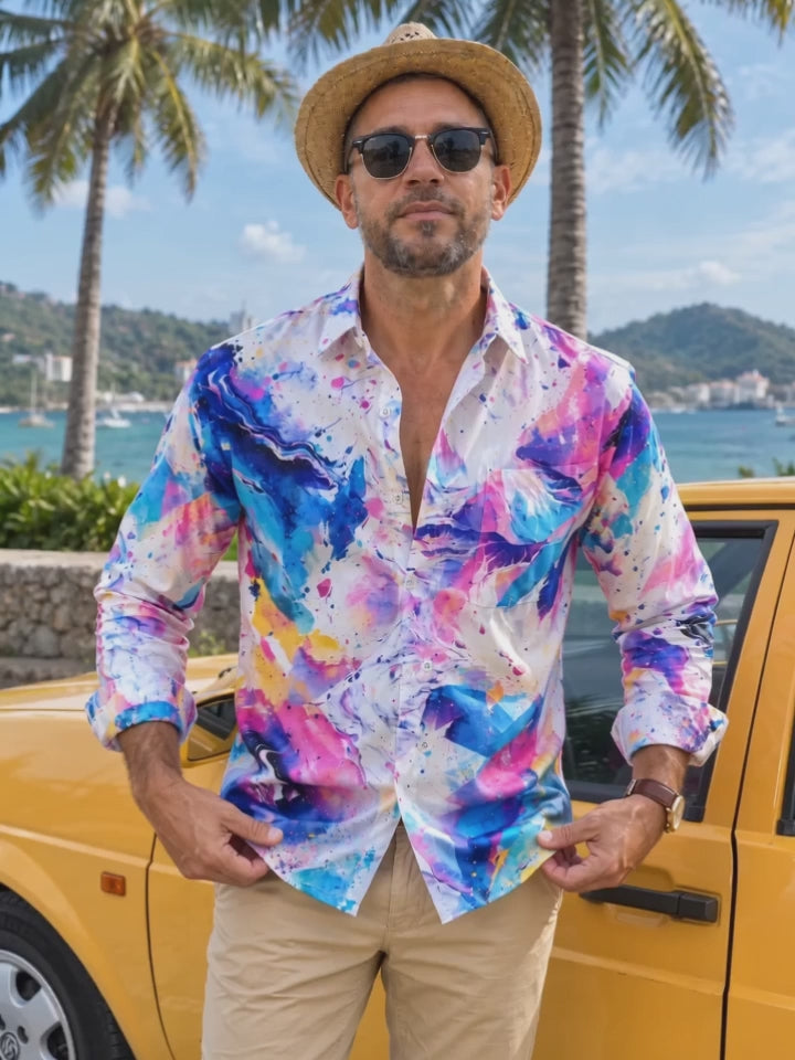 Adaychic Men's Abstract Watercolor Splashes And Swirls Print Long Sleeve Shirt with Chest Pocket
