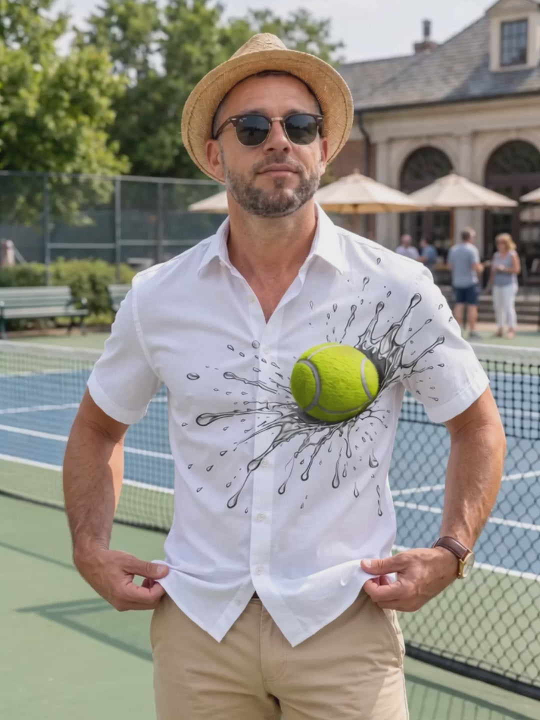 Adaychic Men's Graphic Tennis Ball With Water Splash Print Short Sleeve Shirt with Chest Pocket