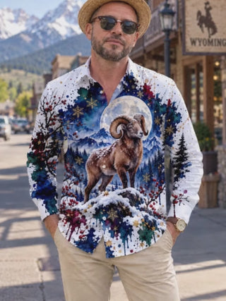 Adaychic Men's Antelope In Snowy Mountain Landscape Print Long Sleeve Shirt with Chest Pocket