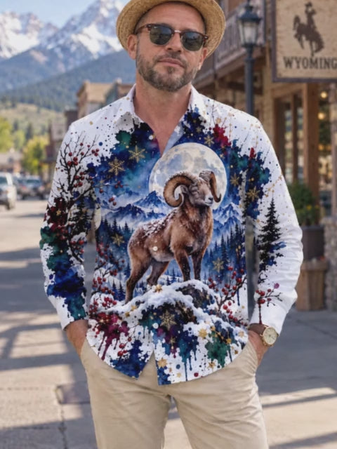 Adaychic Men's Antelope In Snowy Mountain Landscape Print Long Sleeve Shirt with Chest Pocket