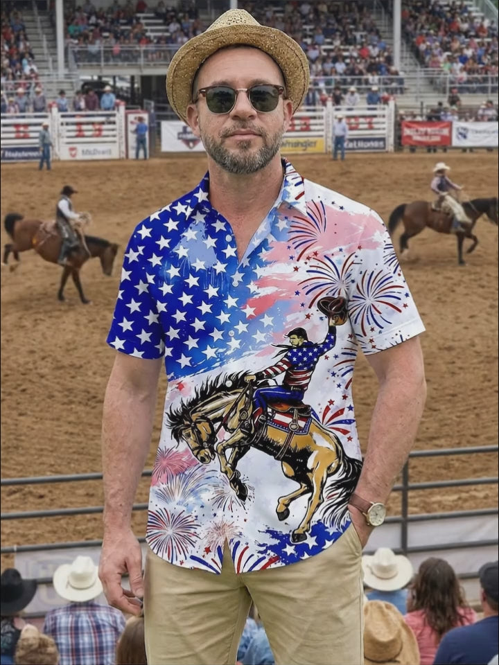 Independence Cowboy Riding Horse Men's Pocket Short Sleeve Shirts