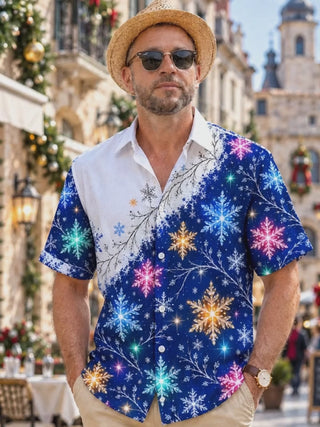 Adaychic Men's Colorful Snowflakes And Branches Print Short Sleeve Shirt with Chest Pocket