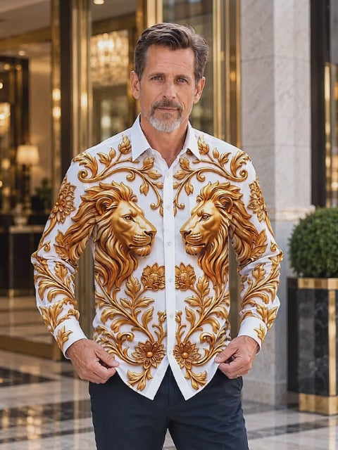 Adaychic Men's Golden Lions And Floral Baroque Patterns Print Long Sleeve Shirt with Chest Pocket