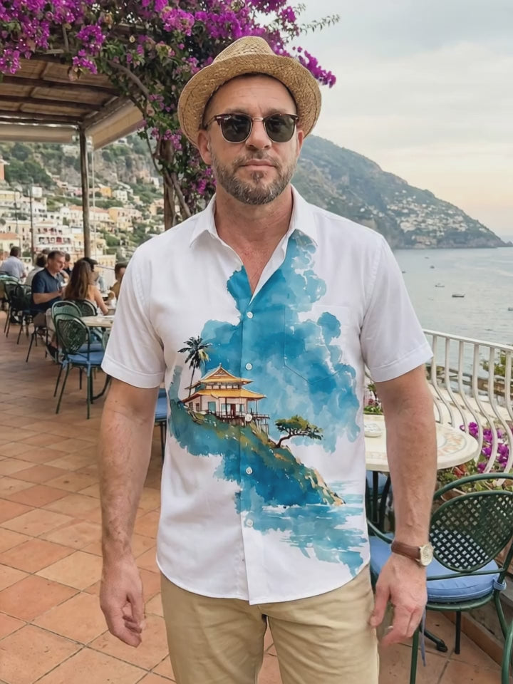 Landscape Print Men's Pocket Short Sleeve Shirts