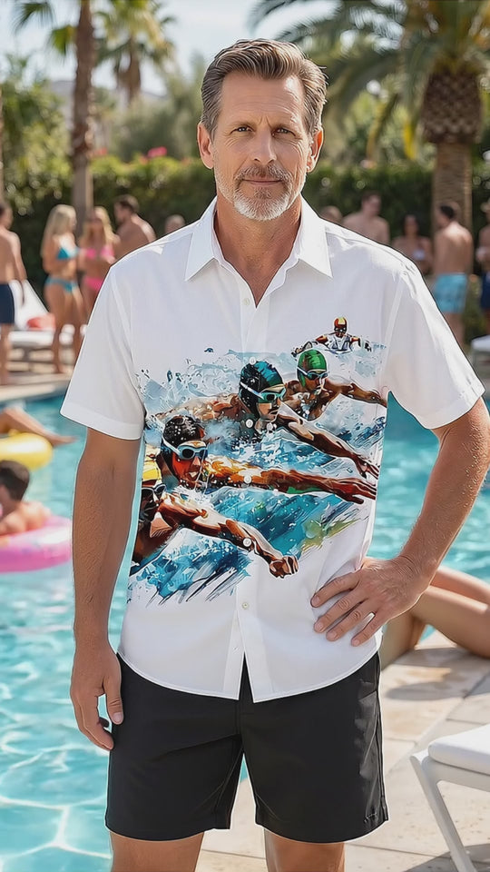 Swimmer Print Men's Pocket Short Sleeve Shirts