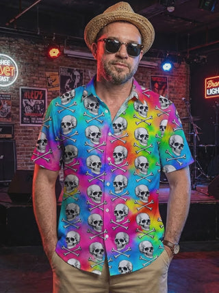 Colorful Gradient Skull Print Men's Pocket Short Sleeve Shirts