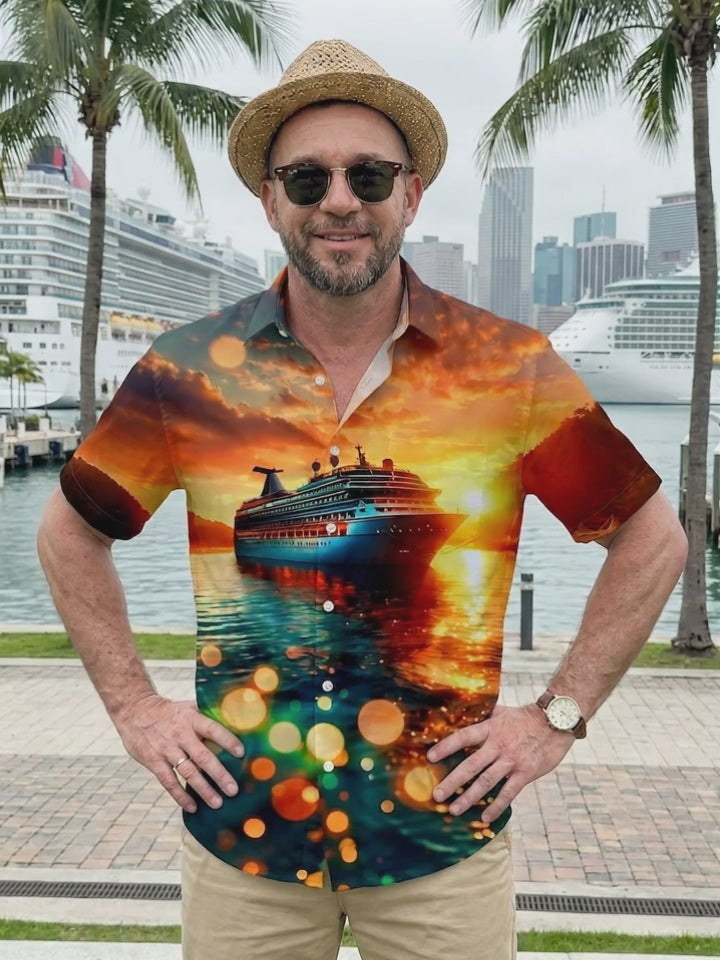 Hawaiian Cruise Ship Sunset Men's Pocket Short Sleeve Shirts