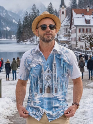 Adaychic Men's Graphic Ice Castle And Winter Landscape Print Short Sleeve Shirt with Chest Pocket