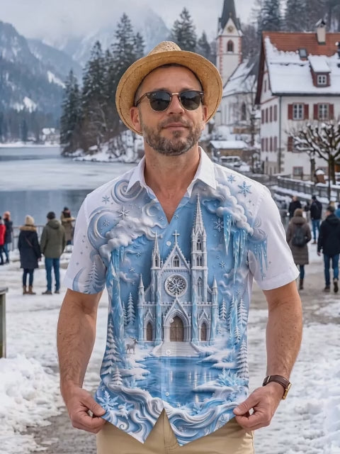 Adaychic Men's Graphic Ice Castle And Winter Landscape Print Short Sleeve Shirt with Chest Pocket