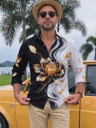 Adaychic Men's Long Sleeve Shirt - Gold Peony Floral With Black And White Swirls Print with Chest Pocket