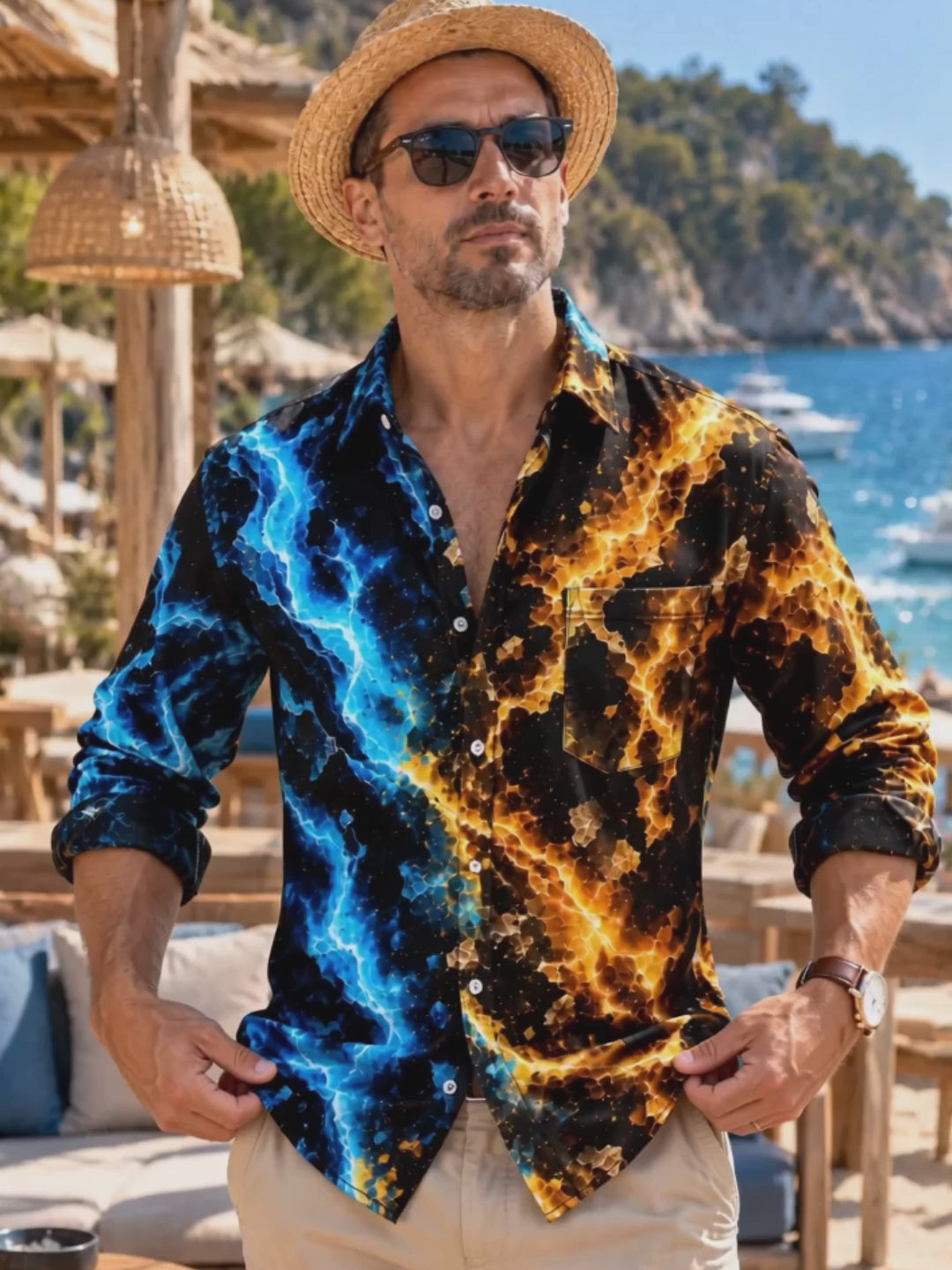 Adaychic Men's Abstract Fire And Ice Lightning Pattern Long Sleeve Shirt with Chest Pocket