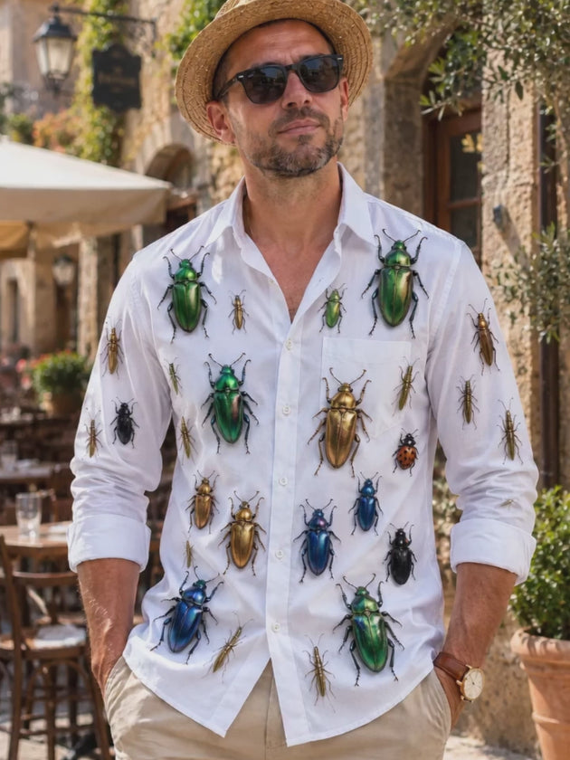 Adaychic Men's Metallic Beetles And Insects Print Long Sleeve Shirt with Chest Pocket