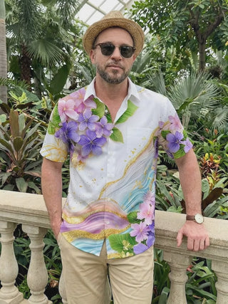 Art Gold Foil Gradient Purple Floral Hawaiian Men's Pocket Short Sleeve Shirts