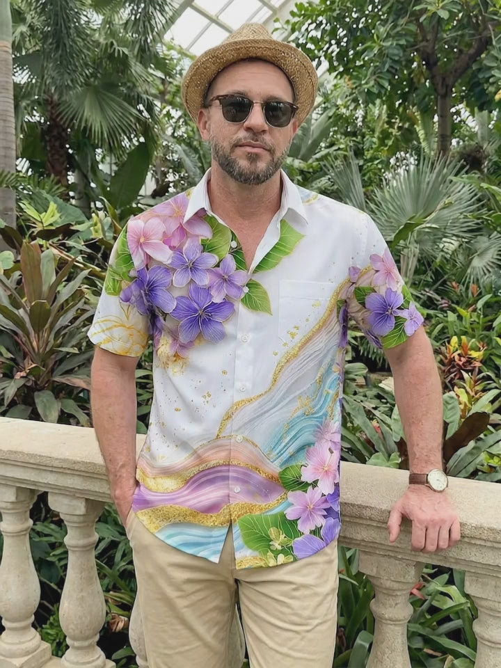 Art Gold Foil Gradient Purple Floral Hawaiian Men's Pocket Short Sleeve Shirts