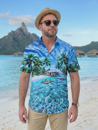 Hawaiian Beach Scenery Print Men's Pocket Short Sleeve Shirts