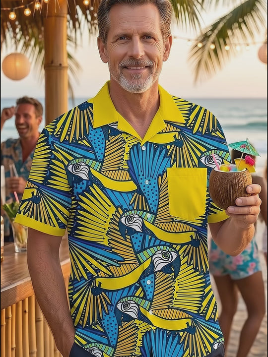 Parrot Print Men's Pocket Short Sleeve Shirts