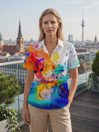 Colorful Watercolor Music Note Gradient Women's Short Sleeve Shirts