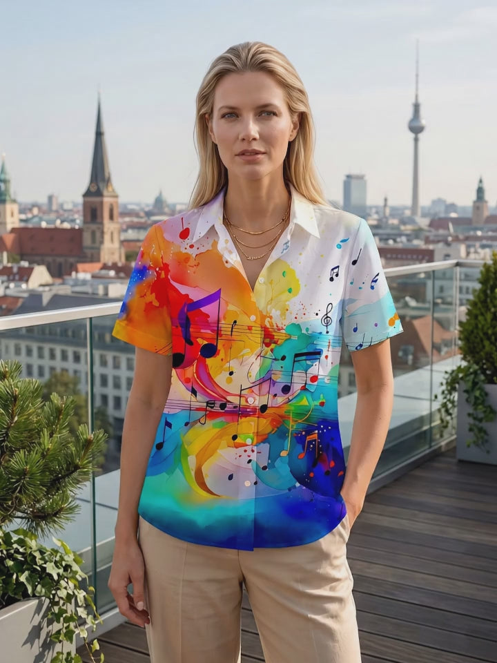 Colorful Watercolor Music Note Gradient Women's Short Sleeve Shirts