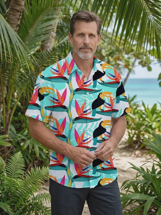 Hawaiian Tropical Toucan Bird Of Paradise Leaves And Flowers Men's Pocket Short Sleeve Shirts