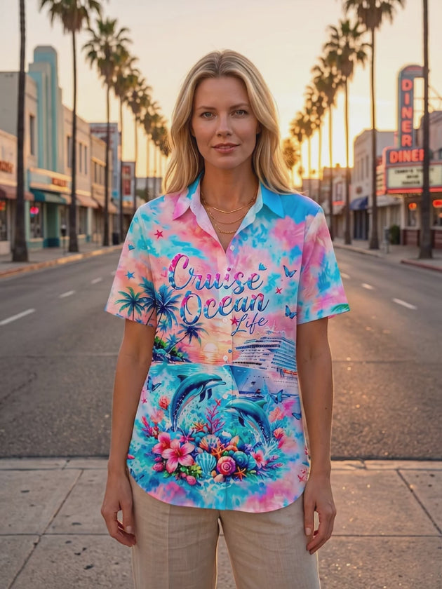 Tie-Dye Ocean Cruise Dolphin Island Vacation Women's Short Sleeve Shirts