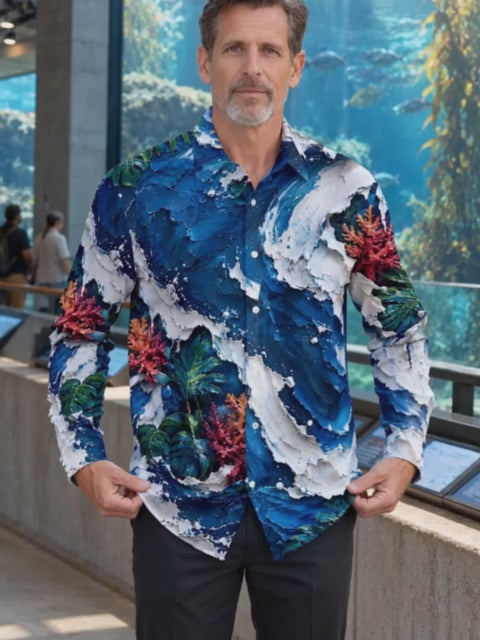 Adaychic Men's Hawaiian Coral Reefs And Tropical Leaves Print Long Sleeve Shirt with Chest Pocket