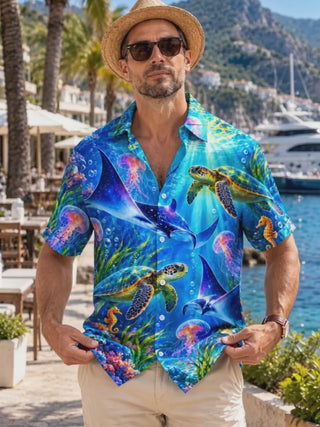 Adaychic Men's Underwater Sea Turtles And Jellyfish Print Short Sleeve Shirt with Chest Pocket