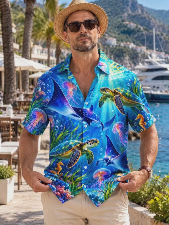 Adaychic Men's Underwater Sea Turtles And Jellyfish Print Short Sleeve Shirt with Chest Pocket