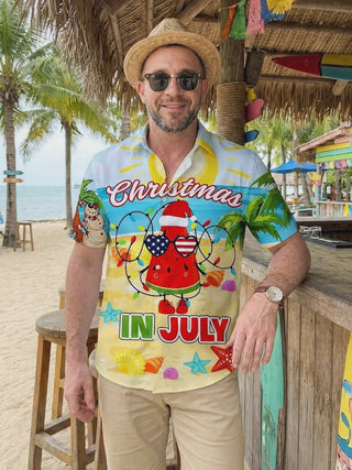 July Christmas Hawaiian American Flag Funny Print Men's Pocket Short Sleeve Shirts
