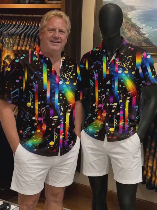 Adaychic Men's Graphic Colorful Musical Notes Print Short Sleeve Shirt with Chest Pocket