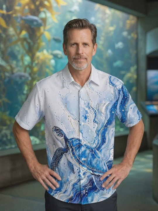 Adaychic Men's Graphic Blue Sea Turtle Wave Print Short Sleeve Button Down Shirt with Chest Pocket
