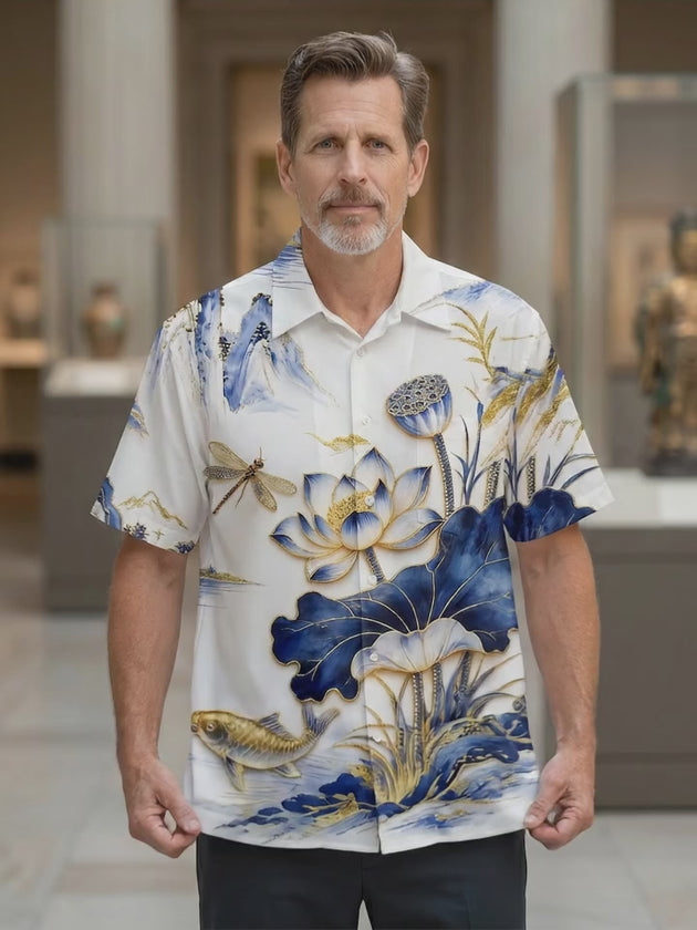 Art Cyan-Gold Landscape Lotus Koi Dragonfly Men's Pocket Short Sleeve Shirts