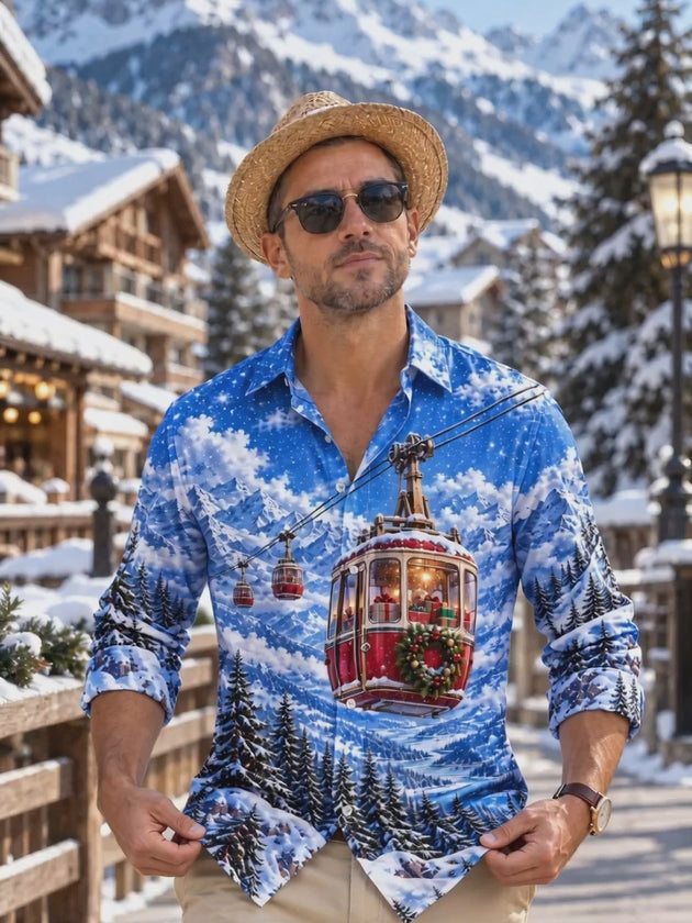 Adaychic Men's Long Sleeve Shirt - Mountain Cable Car With Christmas Gifts And Wreath Print with Chest Pocket