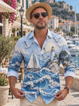 Adaychic Men's 3D Ocean Waves And Sailboat Print Long Sleeve Shirt with Chest Pocket