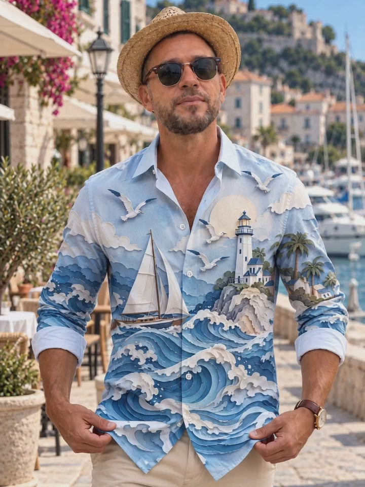 Adaychic Men's 3D Ocean Waves And Sailboat Print Long Sleeve Shirt with Chest Pocket