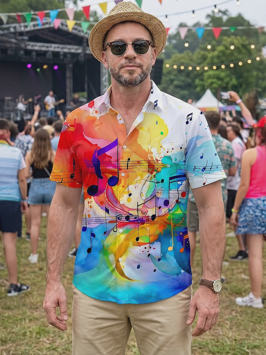 Tie Dye Colorful Music Notes Abstract Watercolor Men's Pocket Short Sleeve Shirts