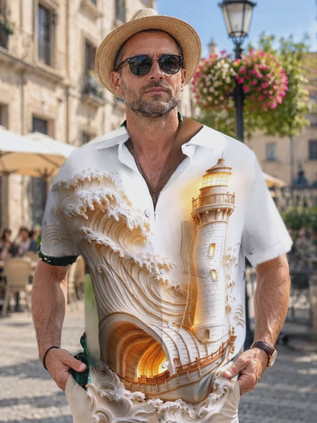 Adaychic Men's Lighthouse Ancient Ship And Waves Print Short Sleeve Shirt with Chest Pocket
