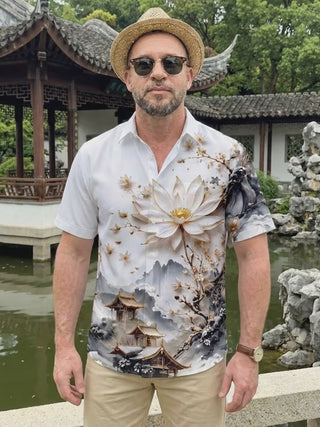 Ink Wash Golden Landscape Lotus Ancient Architecture Art Men's Pocket Short Sleeve Shirts