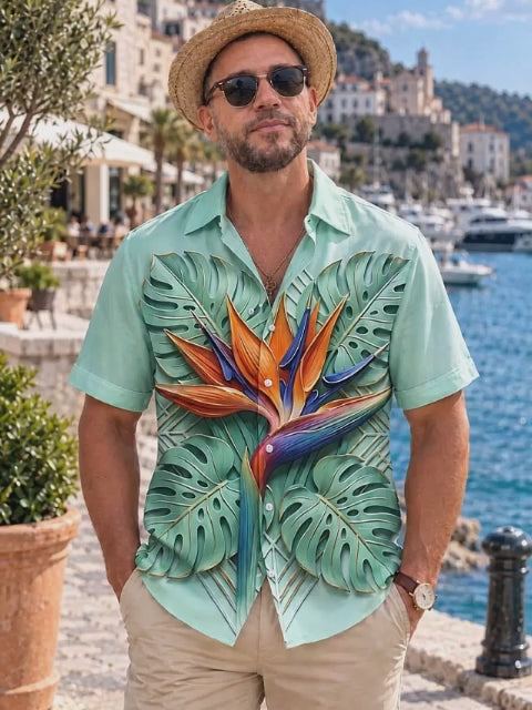 Adaychic Men's Short Sleeve Shirt - Bird Of Paradise Flower And Monstera Leaves Print with Chest Pocket