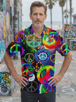 Hippie Peace Logo Print Men's Pocket Short Sleeve Shirts