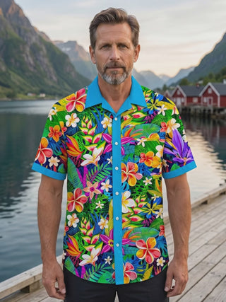 Hawaiian Colorful Tropical Plumeria Floral Color Block Men's Pocket Short Sleeve Shirts