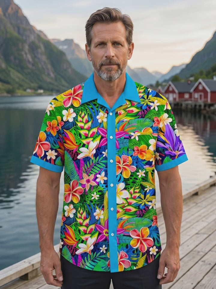 Hawaiian Colorful Tropical Plumeria Floral Color Block Men's Pocket Short Sleeve Shirts