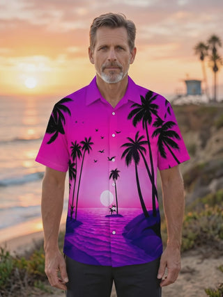 Hawaiian Coconut Tree Sunset Men's Pocket Short Sleeve Shirts