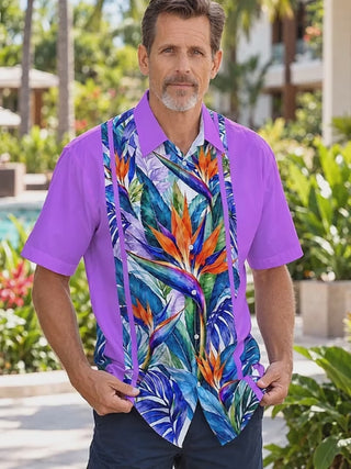 Adaychic Men's Short Sleeve Shirt - Bird Of Paradise Flowers And Tropical Leaves Print with Chest Pocket