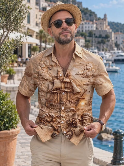 Adaychic Men's Short Sleeve Shirt - Vintage Military Soldier And Sailing Ship Relief Print with Chest Pocket