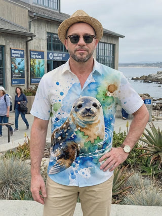 Seal Print Men's Pocket Short Sleeve Shirts