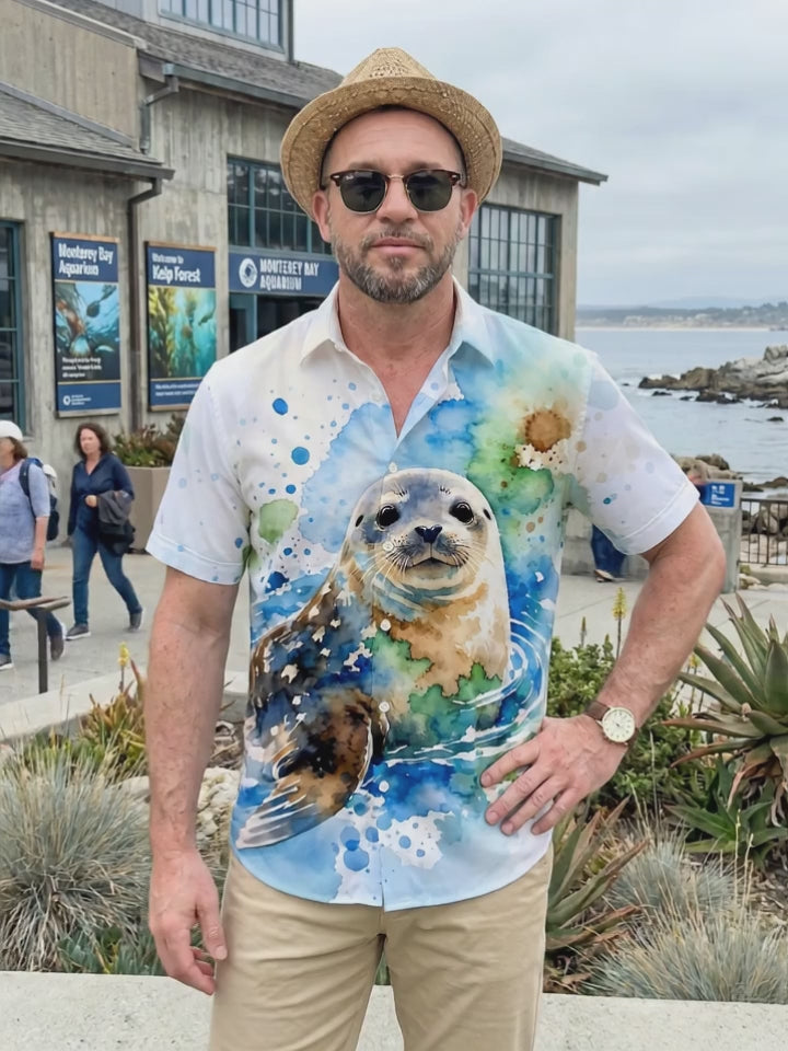 Seal Print Men's Pocket Short Sleeve Shirts