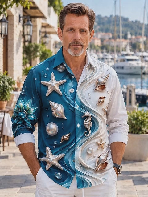 Adaychic Men's Sea Shells Starfish And Seahorse Print Long Sleeve Shirt with Chest Pocket