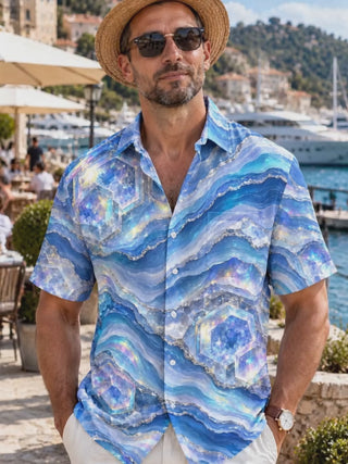 Adaychic Men's Short Sleeve Shirt - Abstract Geometric Hexagons And Wavy Lines Print with Chest Pocket